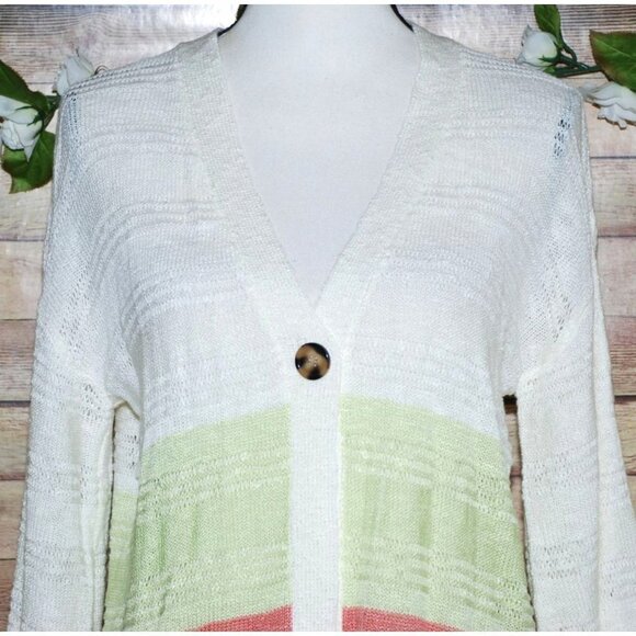 New Directions Single Button Cardigan Sweater Size S V-Neck 3/4 Sleeve Striped - Picture 2 of 12